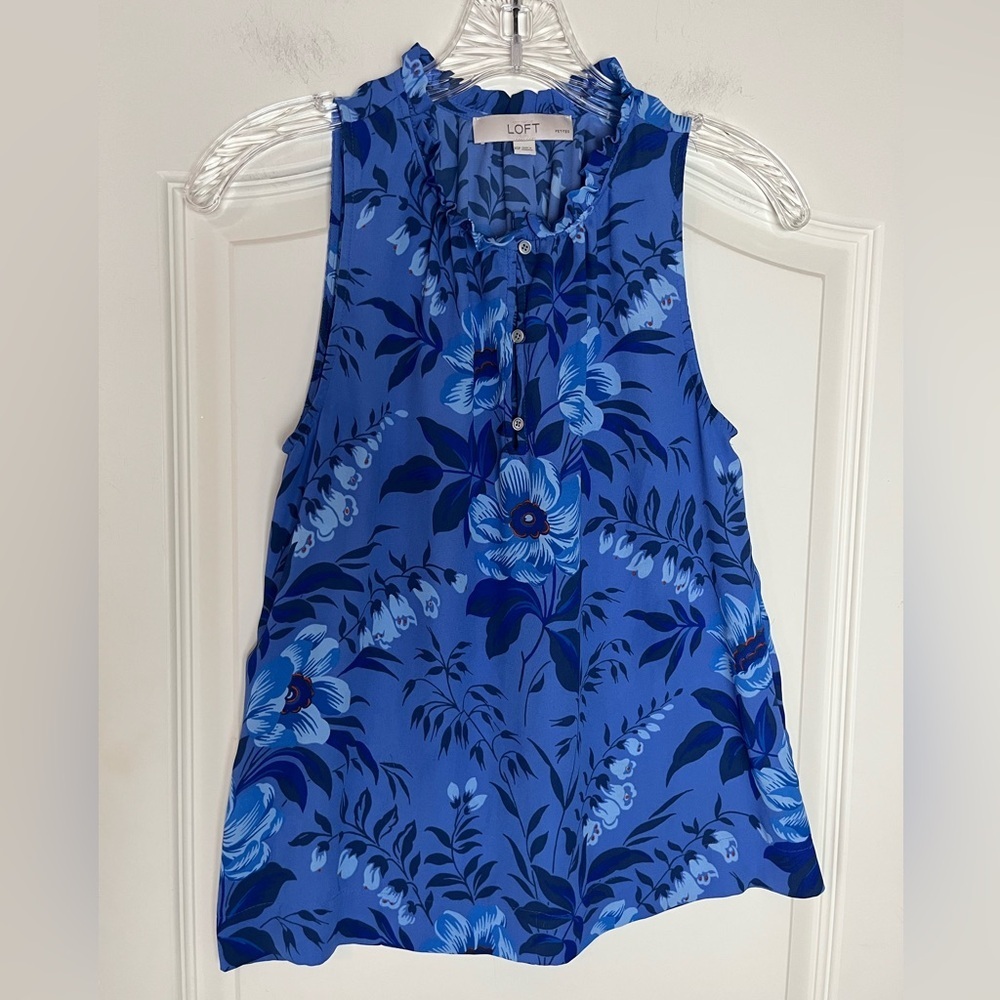 LOFT Mixed Blues Floral Ruffle Sleeveless Top Women’s Petite XS